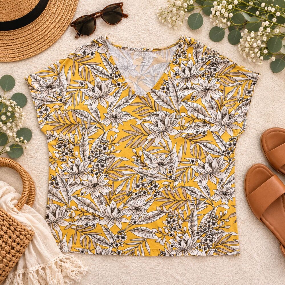 J.Jill Luxe Supima Cotton Floral V-Neck Tee Size L Mustard Yellow